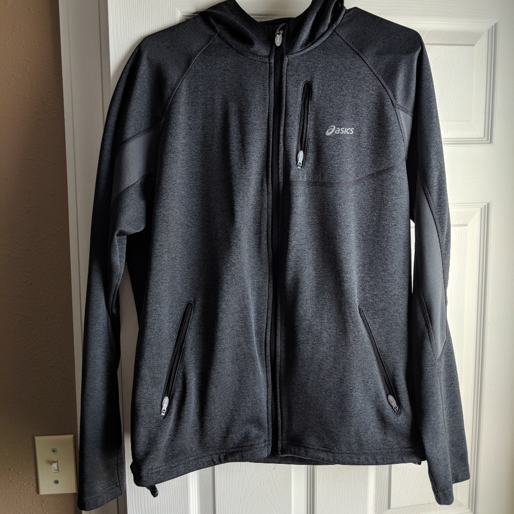 Men's Asics full zip hooded athletic jacket.